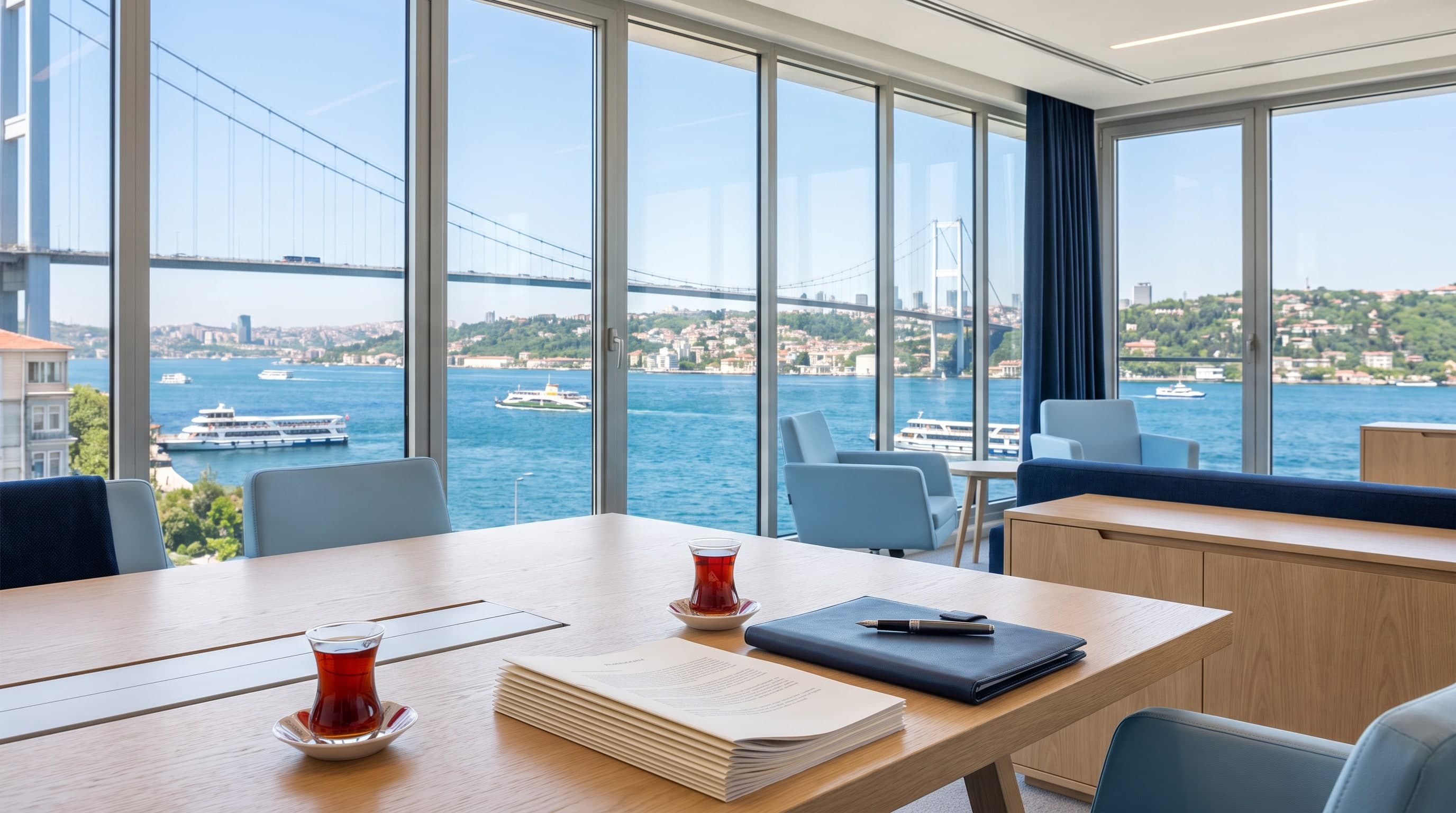 Besprechungsraum mit Blick auf den Bosporus, auf dem Tisch türkischer Tee und Verträge (Symbolbild)