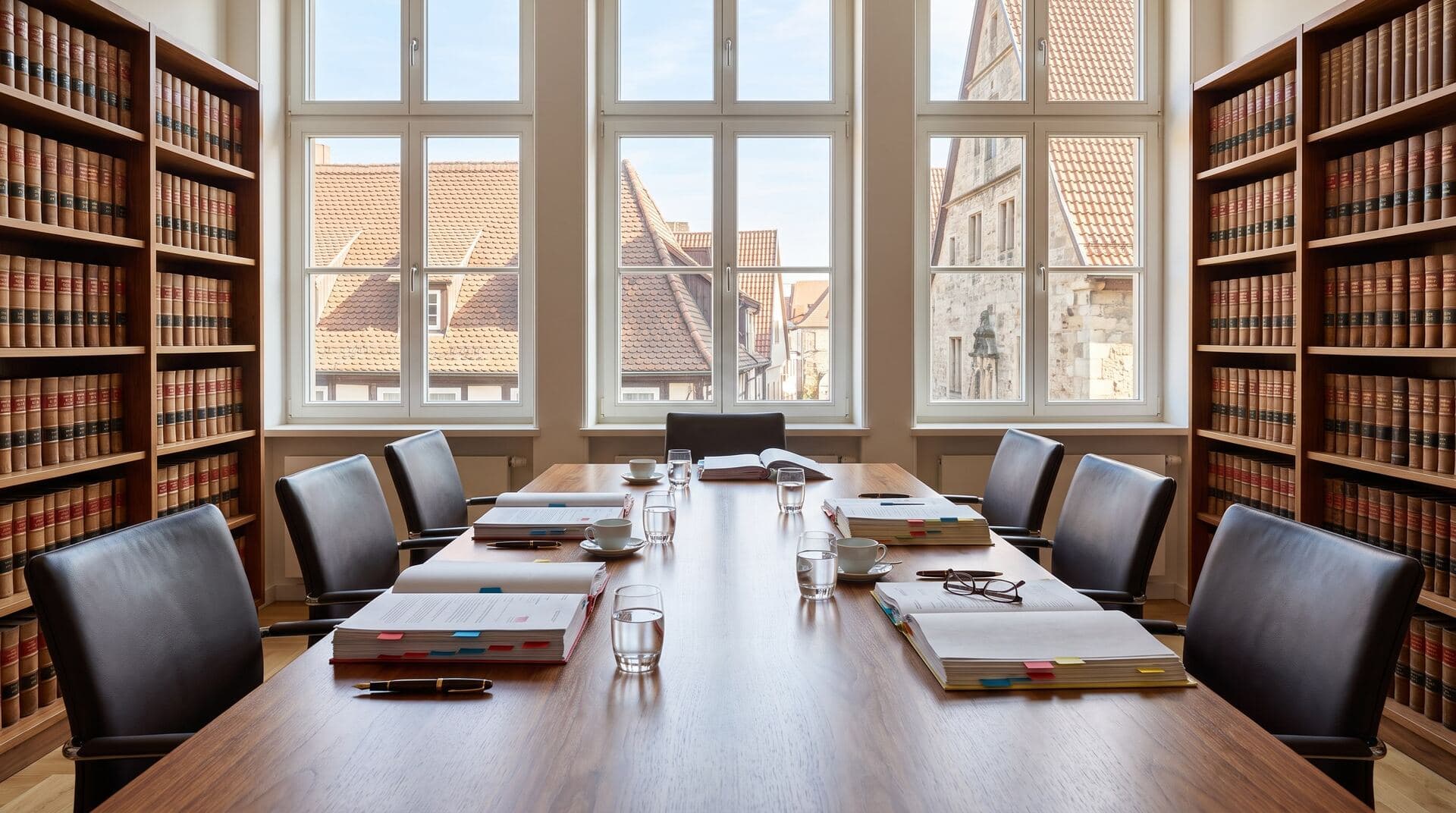 Grosser Besprechungsraum einer Notarkanzlei mit Verträgen auf dem Tisch und Bücherwänden (Symbolbild)