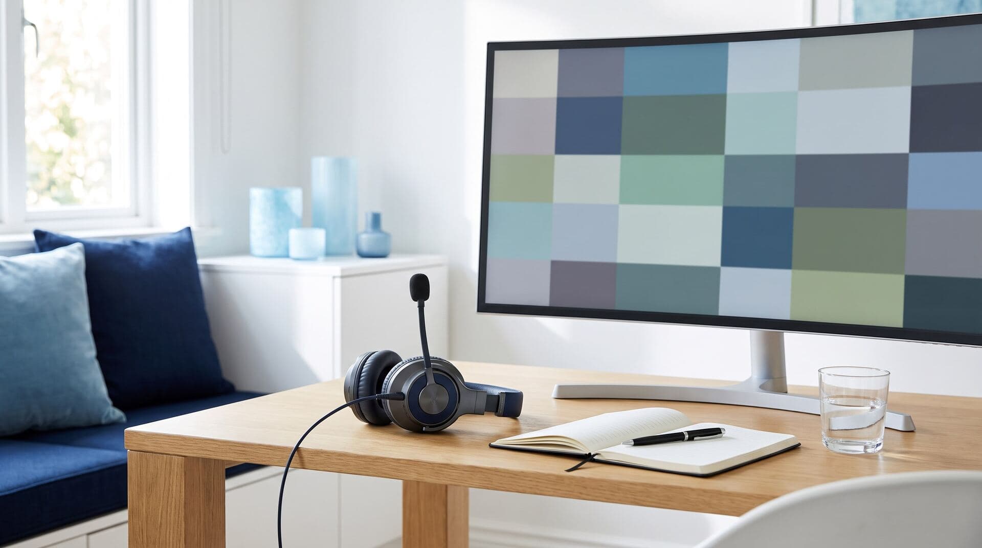 Arbeitsplatz für Video- und Telefondolmetschen mit Headset und Bildschirm (Symbolbild)