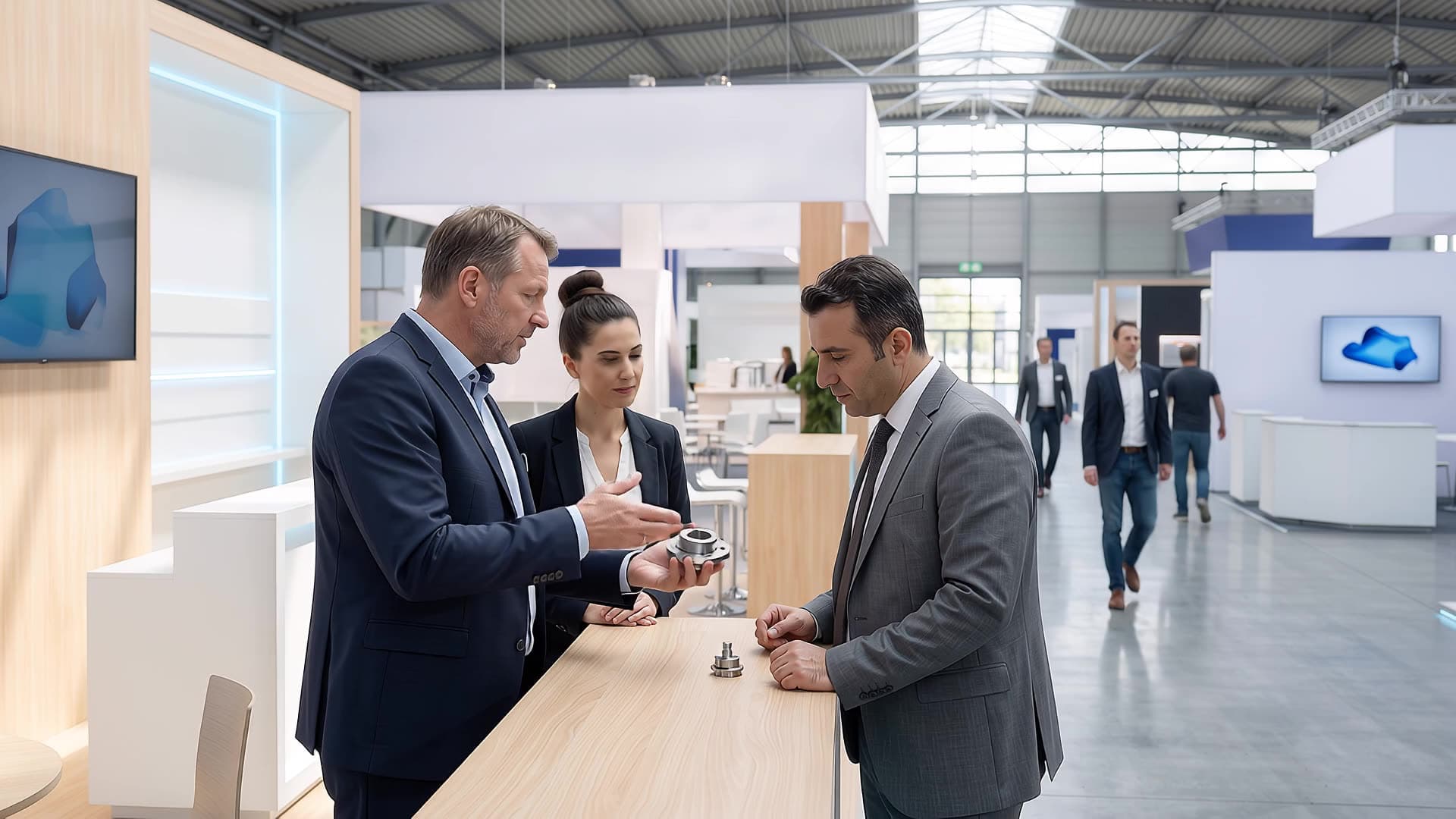 Gespräch an einem Messestand: Aussteller zeigt einem Besucher ein Metallteil, eine Dolmetscherin übersetzt (Symbolbild)